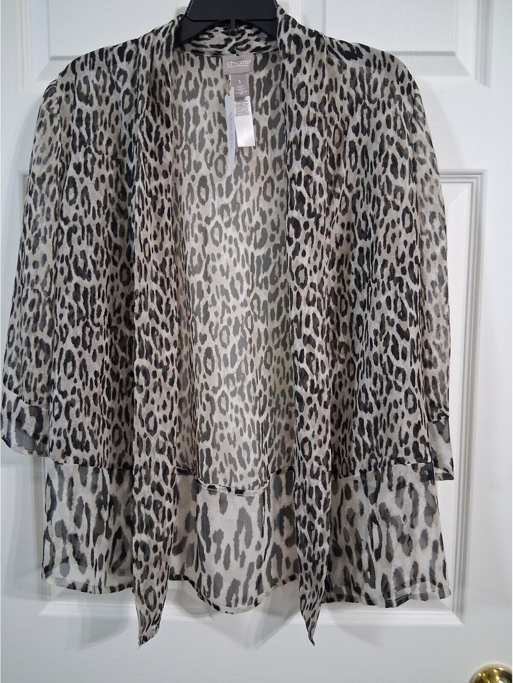 Chico Brand Women's Sheer Jacket, Drape Front, Leopard, 3/4 Sleeve, Size 1, NWT,